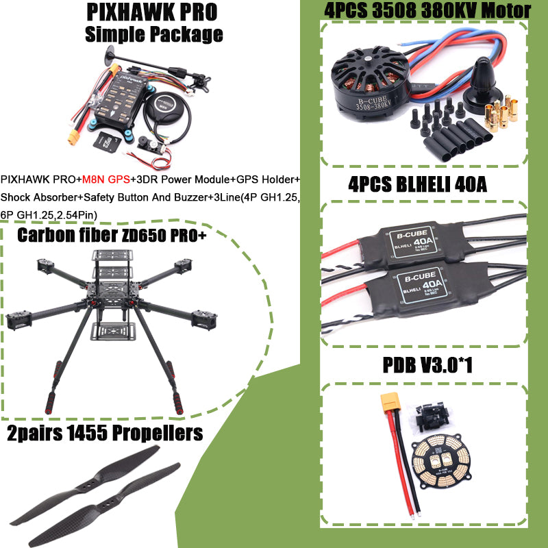 B-CUBE ZD650 PRO+ 650mm Ardupilot Pixhawk Carbon fiber Quadcopter Frame FPV Quad with Carbon Fiber Landing Skid Motor 40A ESC