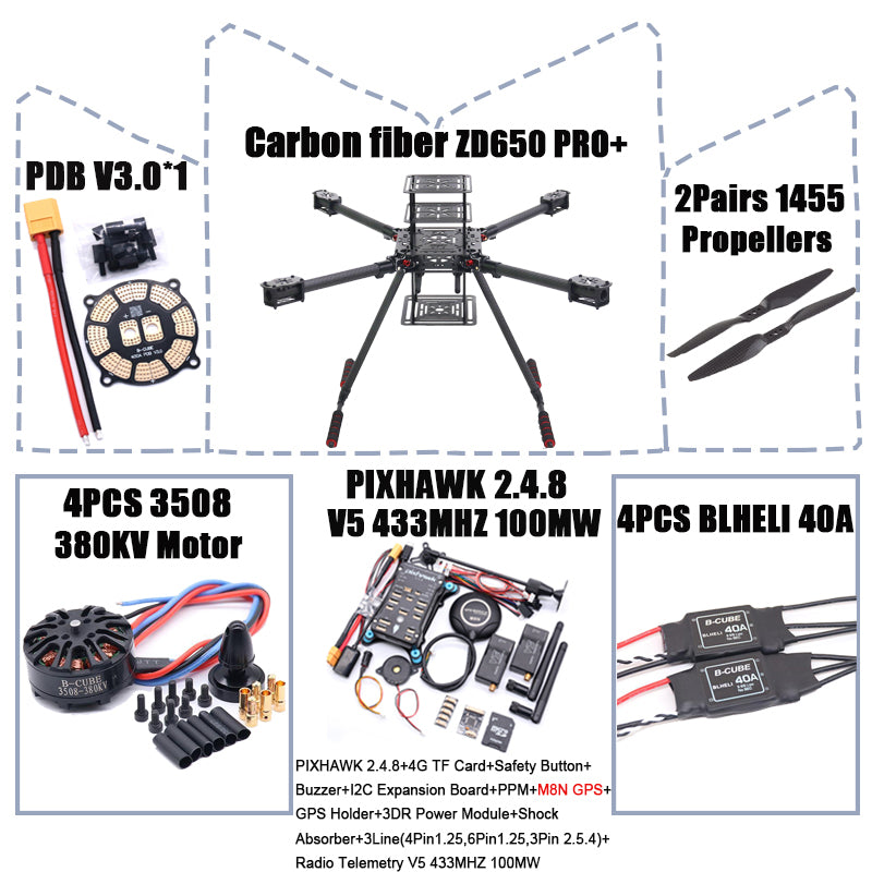 B-CUBE ZD650 PRO+ 650mm Ardupilot Pixhawk Carbon fiber Quadcopter Frame FPV Quad with Carbon Fiber Landing Skid Motor 40A ESC