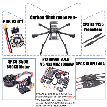B-CUBE ZD650 PRO+ 650mm Ardupilot Pixhawk Carbon fiber Quadcopter Frame FPV Quad with Carbon Fiber Landing Skid Motor 40A ESC
