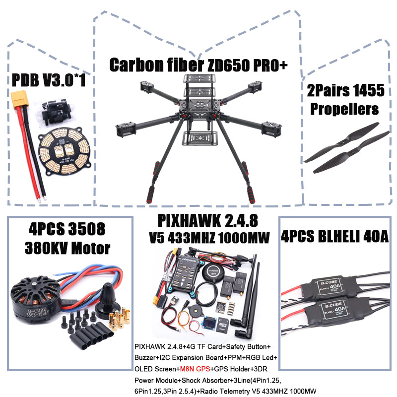 B-CUBE ZD650 PRO+ 650mm Ardupilot Pixhawk Carbon fiber Quadcopter Frame FPV Quad with Carbon Fiber Landing Skid Motor 40A ESC