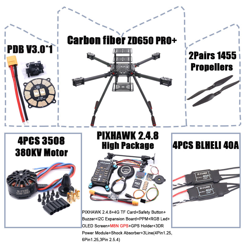 B-CUBE ZD650 PRO+ 650mm Ardupilot Pixhawk Carbon fiber Quadcopter Frame FPV Quad with Carbon Fiber Landing Skid Motor 40A ESC