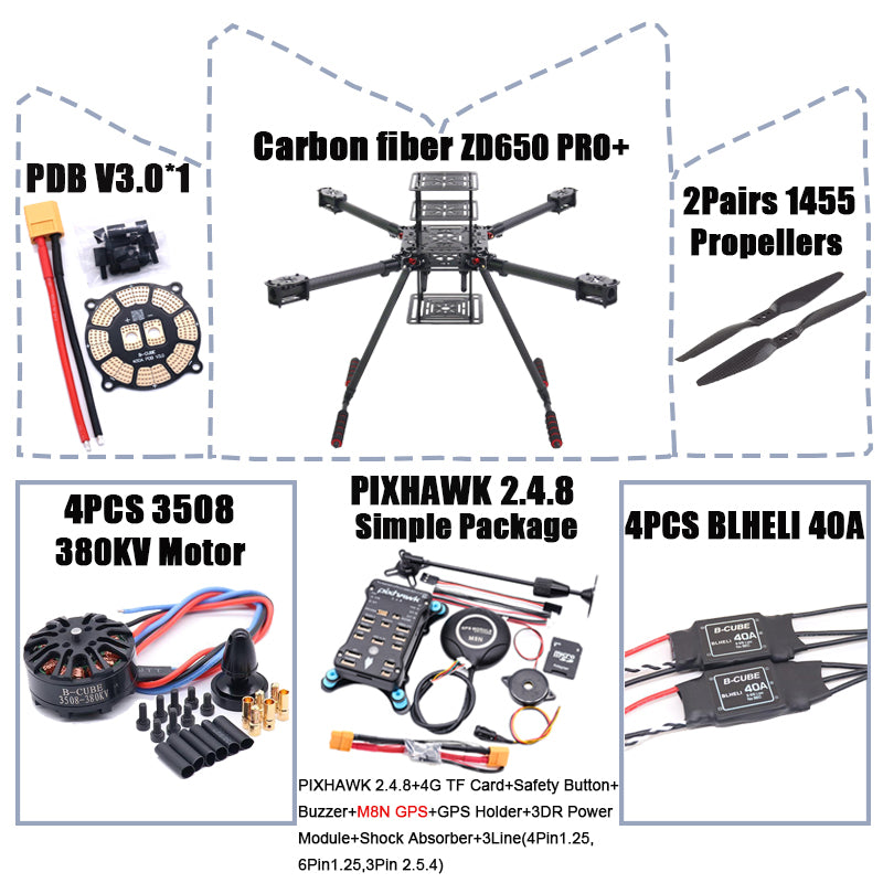 B-CUBE ZD650 PRO+ 650mm Ardupilot Pixhawk Carbon fiber Quadcopter Frame FPV Quad with Carbon Fiber Landing Skid Motor 40A ESC