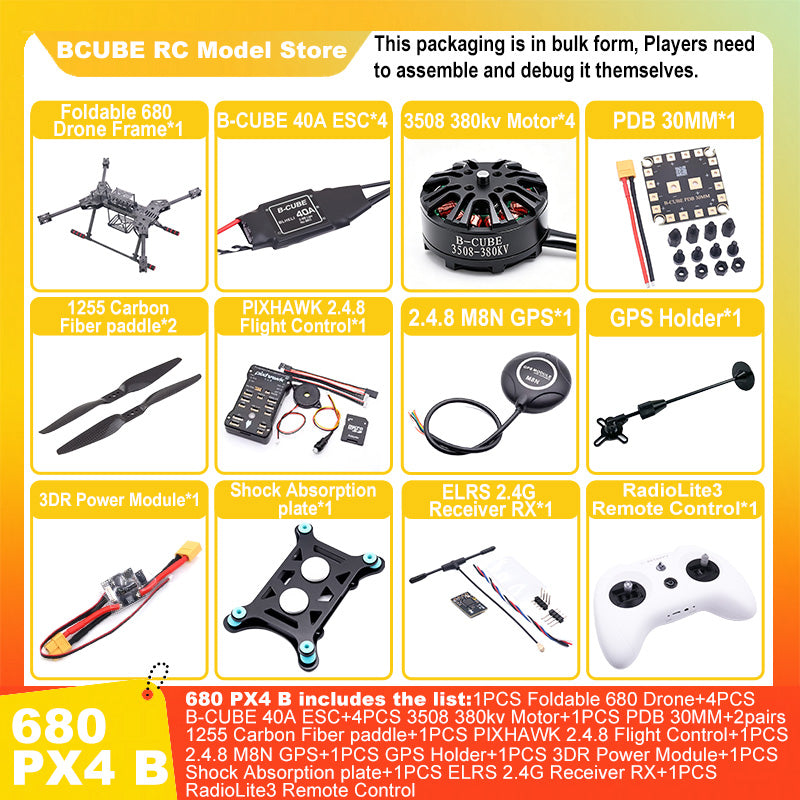 B-CUBE PIXHAWK2.4.8 6C Flight Control Carbon Fiber 680 Frame Kit Ardupilot Quadcopter BLHELI 40A 3508 Motor ESC Optical Flow