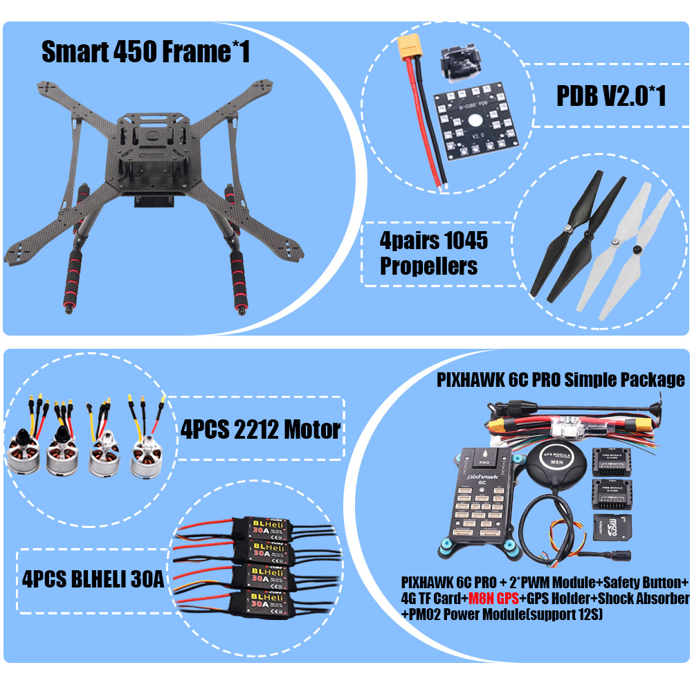 PIXHAWK2.4.8 Flight Control Carbon Fiber Smart450 Frame Kit Ardupilot 100MW Radio Telemetry Quadcopter BLHELI 30A ESC 2212 Motor