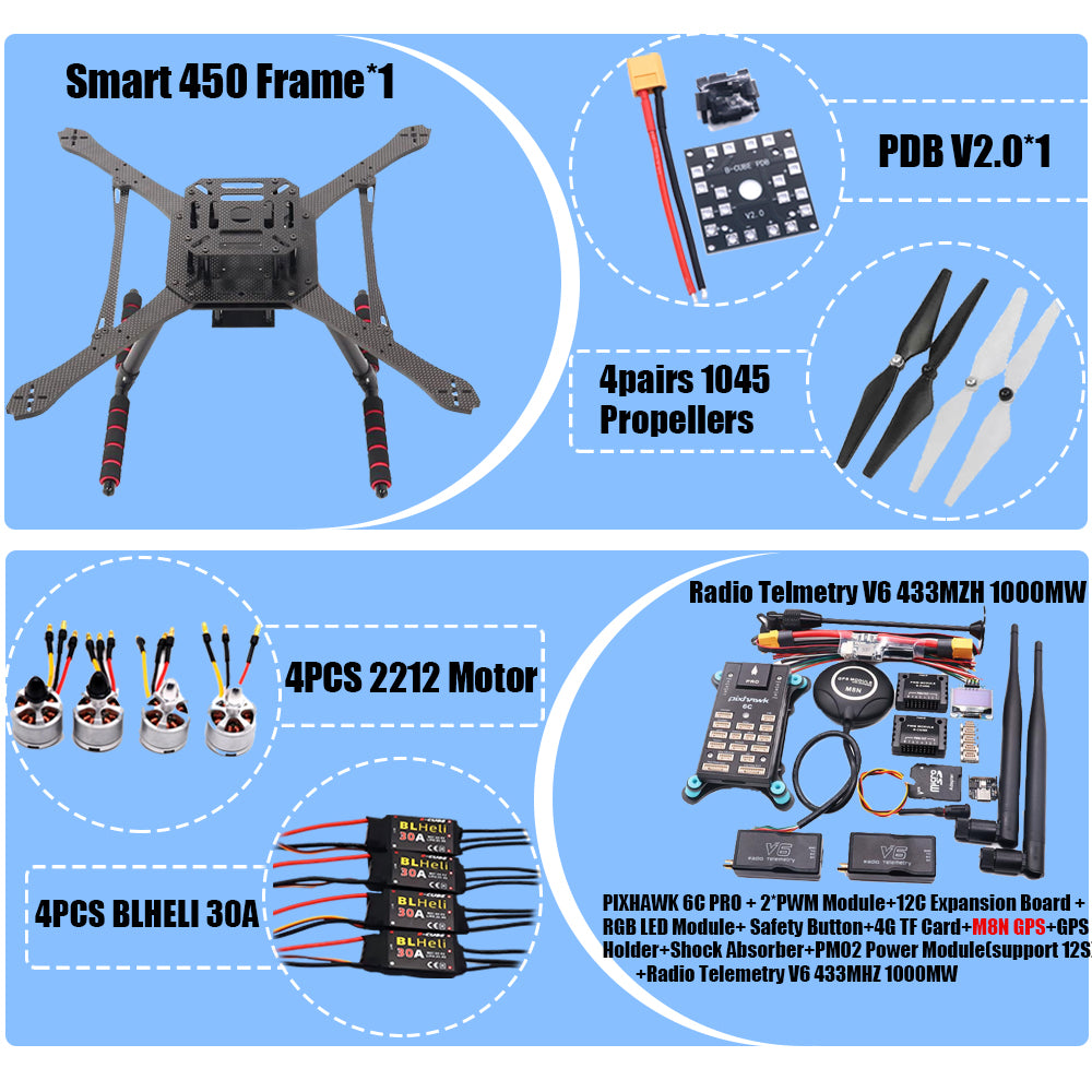PIXHAWK2.4.8 Flight Control Carbon Fiber Smart450 Frame Kit Ardupilot 100MW Radio Telemetry Quadcopter BLHELI 30A ESC 2212 Motor
