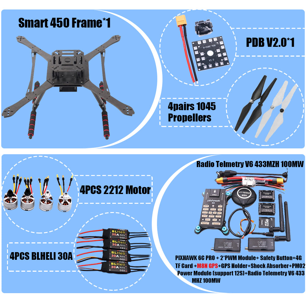 PIXHAWK2.4.8 Flight Control Carbon Fiber Smart450 Frame Kit Ardupilot 100MW Radio Telemetry Quadcopter BLHELI 30A ESC 2212 Motor