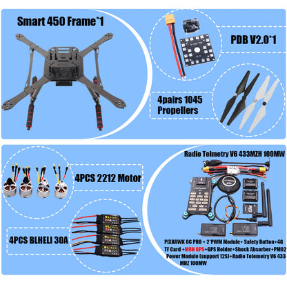 PIXHAWK2.4.8 Flight Control Carbon Fiber Smart450 Frame Kit Ardupilot 100MW Radio Telemetry Quadcopter BLHELI 30A ESC 2212 Motor