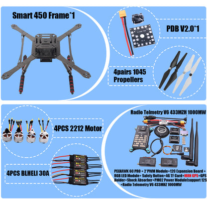 PIXHAWK2.4.8 Flight Control Carbon Fiber Smart450 Frame Kit Ardupilot 100MW Radio Telemetry Quadcopter BLHELI 30A ESC 2212 Motor