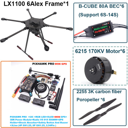 LX1100 PRO M9N Full Carbon Fiber 1100mm Hexa-Rotor Frame B-CUBE 80A ESC PX4 Pixhawk Flight Control Set 6215 Motor