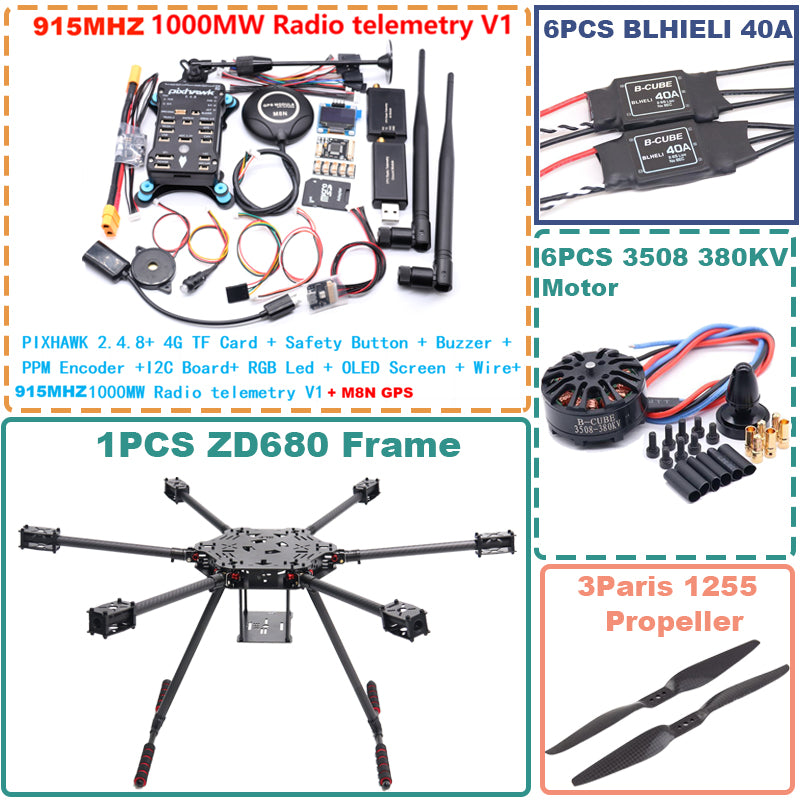 B-CUBE ZD680  PIXHAWK 2.4.8 Full Carbon Fiber Hexa-Rotor Foldable Arm Hexacopter Frame Kit forCopter with Unflodable Landing Gear