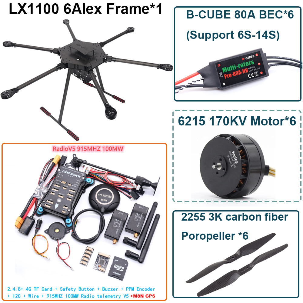 LX1100 Pixhawk 2.4.8 M8N  Flight Control Set  Full Carbon Fiber 1100mm Hexa-Rotor Frame B-CUBE 80A ESC PX4 6215 Motor