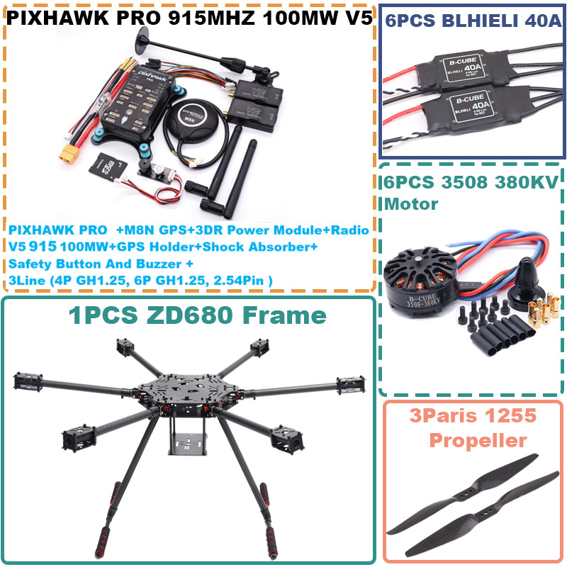B-CUBE ZD680 PRO M8N Full Carbon Fiber Hexa-Rotor Foldable Arm Hexacopter Frame Kit  PIXHAWK with Unflodable Landing Gear