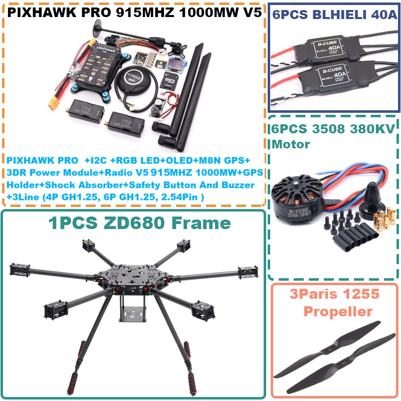 B-CUBE ZD680 PRO M8N Full Carbon Fiber Hexa-Rotor Foldable Arm Hexacopter Frame Kit  PIXHAWK with Unflodable Landing Gear