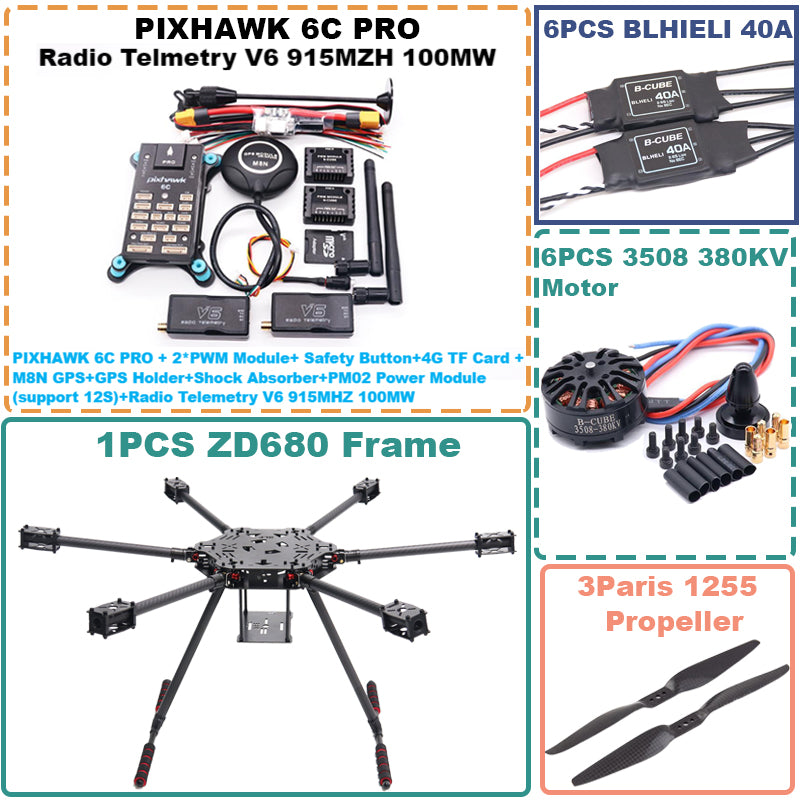 B-CUBE ZD680 6C PRO M8N Full Carbon Fiber Hexa-Rotor Foldable Arm Hexacopter Frame Kit PIXHAWK   with Unflodable Landing Gear