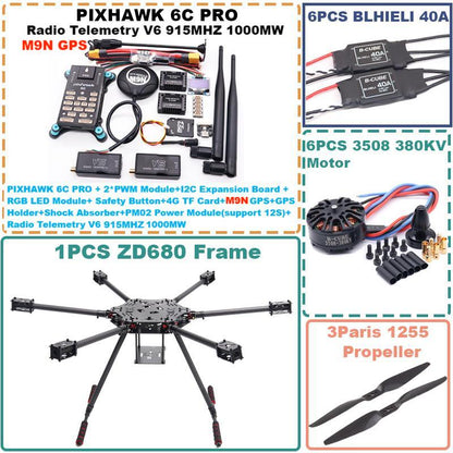 Комплект рамы гексакоптера B-CUBE ZD680 6C PRO M9N из углеродного волокна с шестироторной складной стрелой PIXHAWK с нетопляемым шасси 