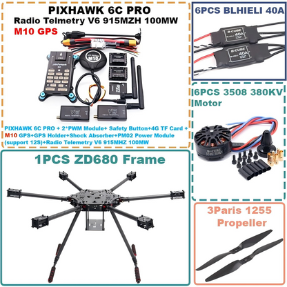 B-CUBE ZD680 6C PRO M10 Full Carbon Fiber Hexa-Rotor Foldable Arm Hexacopter Frame Kit  PIXHAWK  with Unflodable Landing Gear