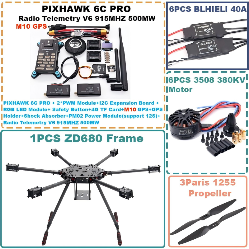 B-CUBE ZD680 6C PRO M10 Full Carbon Fiber Hexa-Rotor Foldable Arm Hexacopter Frame Kit  PIXHAWK  with Unflodable Landing Gear