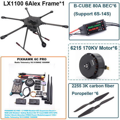 LX1100 6C PRO M8N Full Carbon Fiber 1100mm Hexa-Rotor Frame B-CUBE 80A ESC PX4 Pixhawk Flight Control Set 6215 Motor