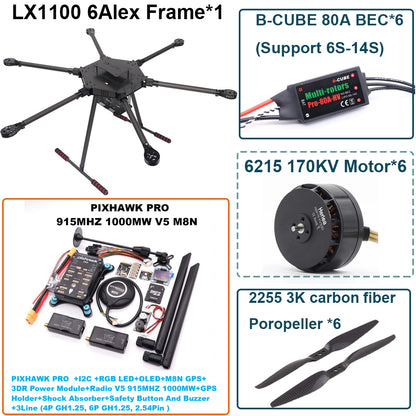 LX1100  PRO M8N Full Carbon Fiber 1100mm Hexa-Rotor Frame B-CUBE 80A ESC PX4 Pixhawk Flight Control Set 6215 Motor