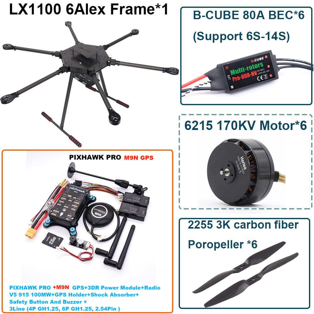 LX1100 PRO M9N Full Carbon Fiber 1100mm Hexa-Rotor Frame B-CUBE 80A ESC PX4 Pixhawk Flight Control Set 6215 Motor