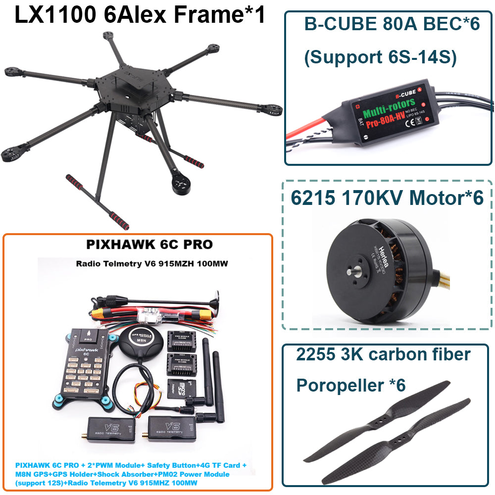 LX1100 6C PRO M8N Full Carbon Fiber 1100mm Hexa-Rotor Frame B-CUBE 80A ESC PX4 Pixhawk Flight Control Set 6215 Motor