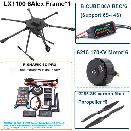 LX1100 6C PRO M8N Full Carbon Fiber 1100mm Hexa-Rotor Frame B-CUBE 80A ESC PX4 Pixhawk Flight Control Set 6215 Motor