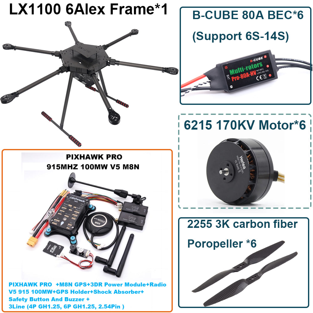 LX1100  PRO M8N Full Carbon Fiber 1100mm Hexa-Rotor Frame B-CUBE 80A ESC PX4 Pixhawk Flight Control Set 6215 Motor