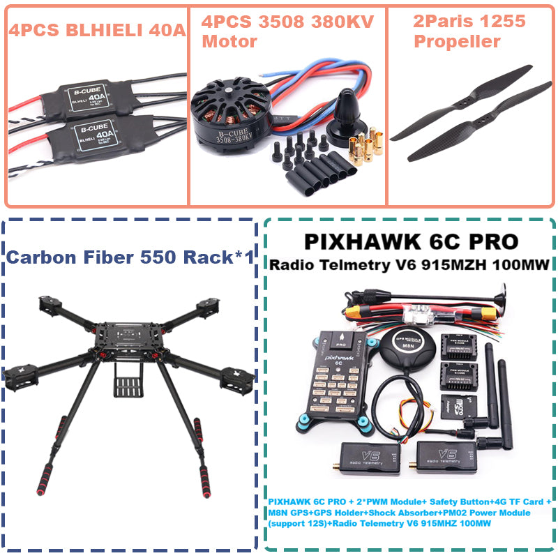 B-CUBE 550 Hexa Frame PIXHAWK  6C PRO M8N Flight Control Carbon Ardupilot Radio Telemetry Quadcopter  40A 3508 380KV Motor ESC