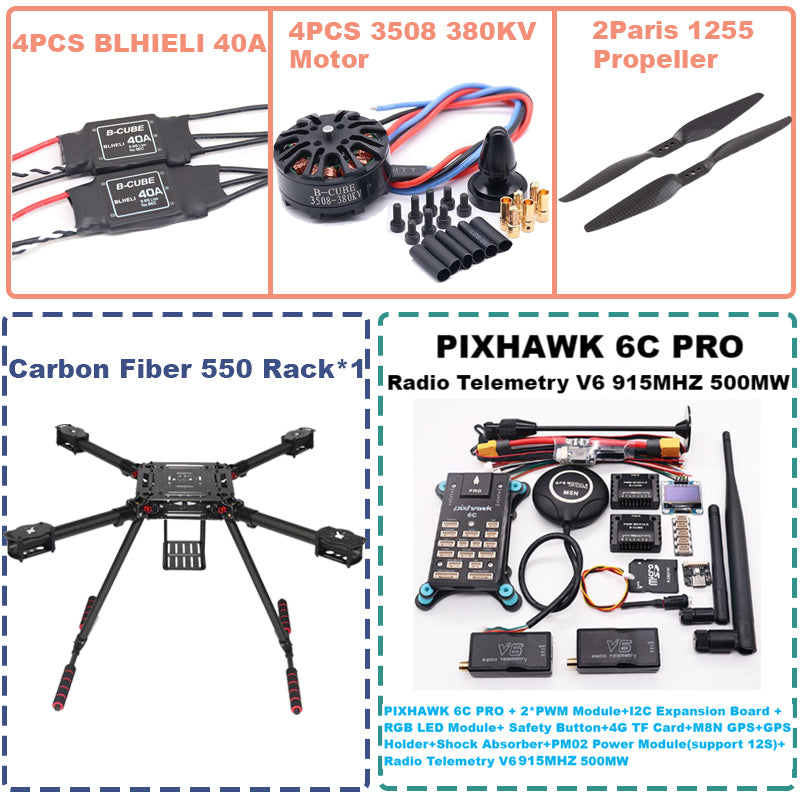 B-CUBE 550 Hexa Frame PIXHAWK  6C PRO M8N Flight Control Carbon Ardupilot Radio Telemetry Quadcopter  40A 3508 380KV Motor ESC