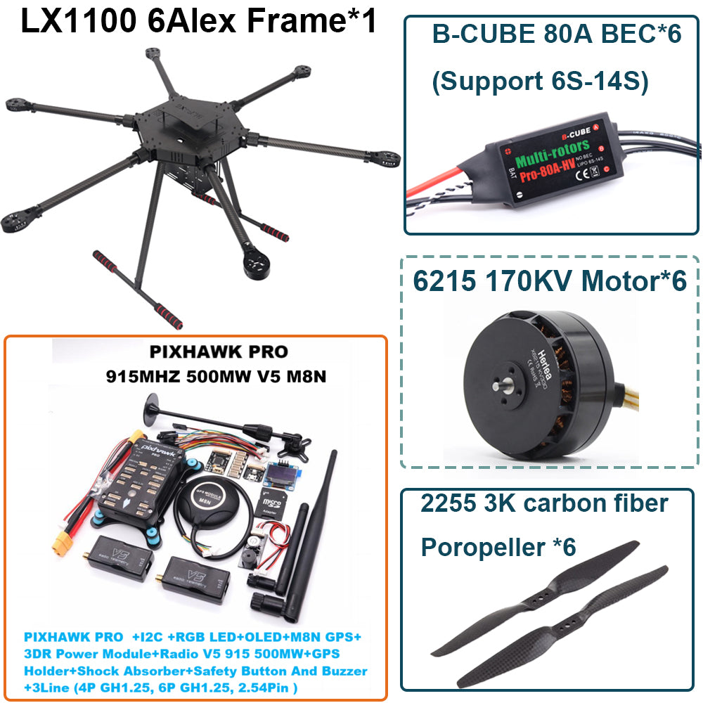 LX1100  PRO M8N Full Carbon Fiber 1100mm Hexa-Rotor Frame B-CUBE 80A ESC PX4 Pixhawk Flight Control Set 6215 Motor