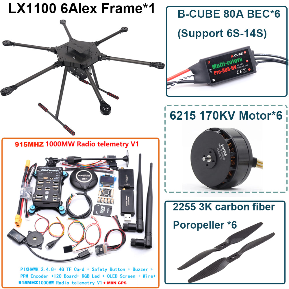 LX1100 Pixhawk 2.4.8 M8N  Flight Control Set  Full Carbon Fiber 1100mm Hexa-Rotor Frame B-CUBE 80A ESC PX4 6215 Motor