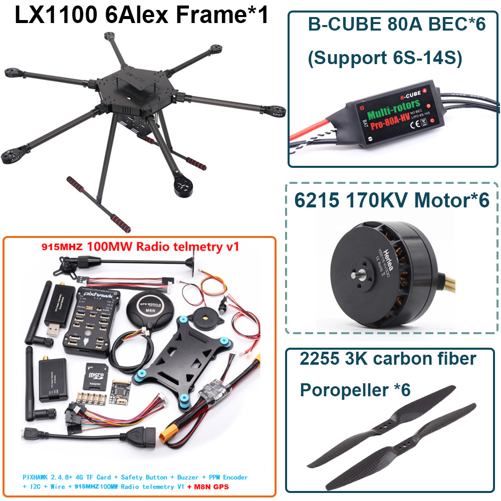LX1100 Pixhawk 2.4.8 M8N  Flight Control Set  Full Carbon Fiber 1100mm Hexa-Rotor Frame B-CUBE 80A ESC PX4 6215 Motor