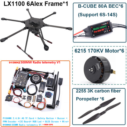 LX1100 Pixhawk 2.4.8 M8N  Flight Control Set  Full Carbon Fiber 1100mm Hexa-Rotor Frame B-CUBE 80A ESC PX4 6215 Motor