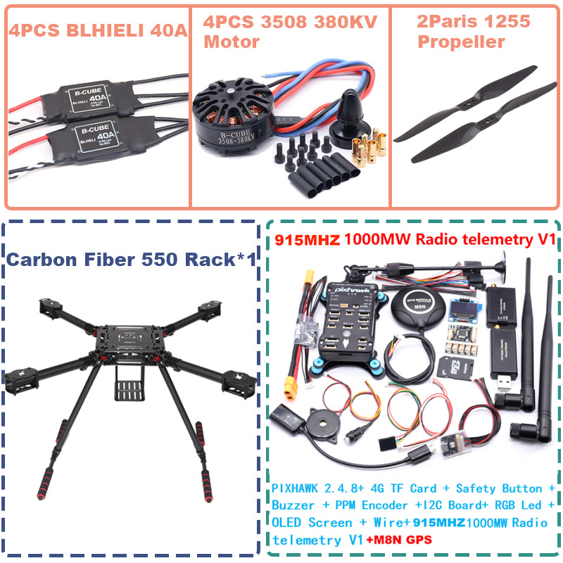 B-CUBE 550 Hexa Frame PIXHAWK2.4.8 M8N Flight Control Carbon Ardupilot Radio Telemetry Quadcopter BLHELI 40A 3508 380KV Motor ESC
