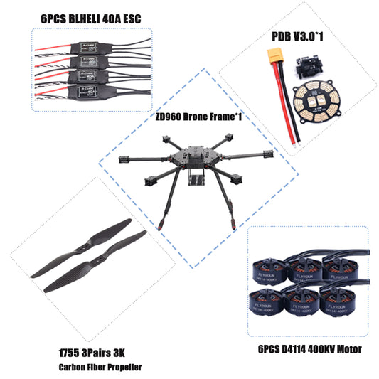Rctosky ZD960 Pixhawk2.4.8 M8N Full Carbon Fiber Hexa-Rotor Frame Blheli 40A Esc Flight Comtrol Radio Telemetry Set