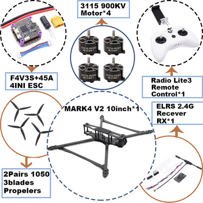 B-CUBE MARK4 V2 10inch F4V3S/F4V3S PLUS Flight Control 45/60A 4INI ESC rack drone FPV carbon fiber PV Racing Drone Quadcopter Freestyle