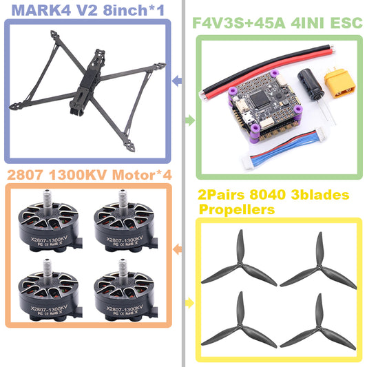 B-CUBE MARK4 V2 8inch F4V3S/F4V3S PLUS Flight Control 45/60A 4INI ESC rack drone FPV carbon fiber PV Racing Drone Quadcopter Freestyle