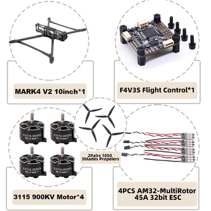 B-CUBE MARK4 V2 10inch F4V3S/F4V3S PLUS Flight Control 45/60A 4INI ESC rack drone FPV carbon fiber PV Racing Drone Quadcopter Freestyle
