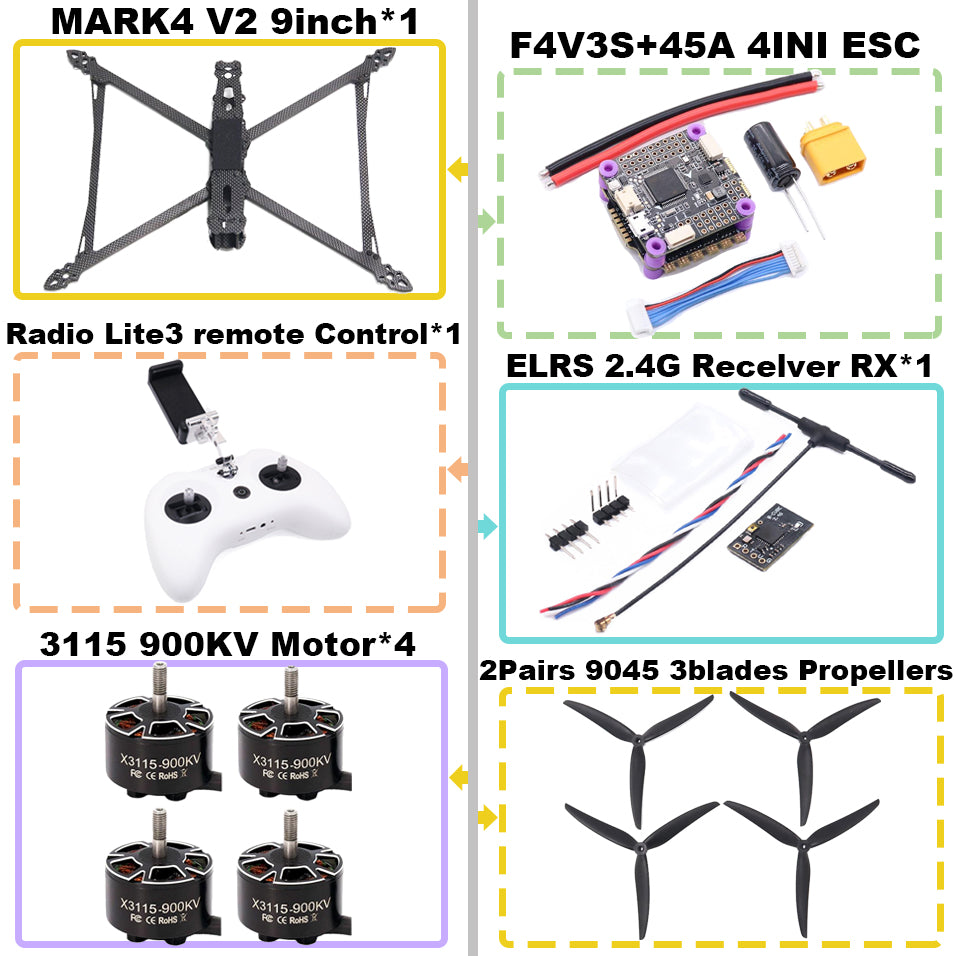 MARK4 V2 9-дюймовый F4V3S/F4V3S PLUS Flight Control 45/60A 4INI ESC rack drone FPV carbon fiber PV Racing Drone Quadcopter Freestyle 
