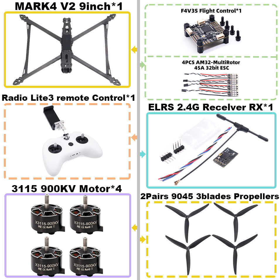 MARK4 V2 9-дюймовый F4V3S/F4V3S PLUS Flight Control 45/60A 4INI ESC rack drone FPV carbon fiber PV Racing Drone Quadcopter Freestyle 