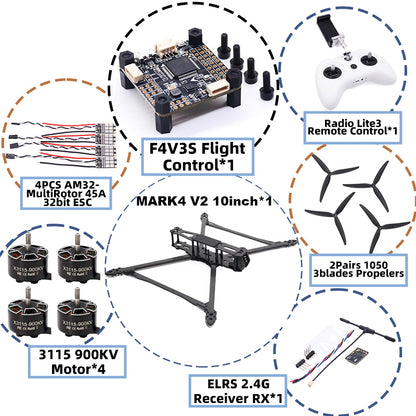 B-CUBE MARK4 V2 10inch F4V3S/F4V3S PLUS Flight Control 45/60A 4INI ESC rack drone FPV carbon fiber PV Racing Drone Quadcopter Freestyle