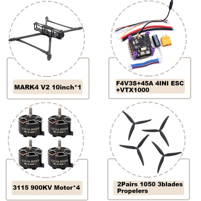 B-CUBE MARK4 V2 10inch F4V3S/F4V3S PLUS Flight Control 45/60A 4INI ESC rack drone FPV carbon fiber PV Racing Drone Quadcopter Freestyle