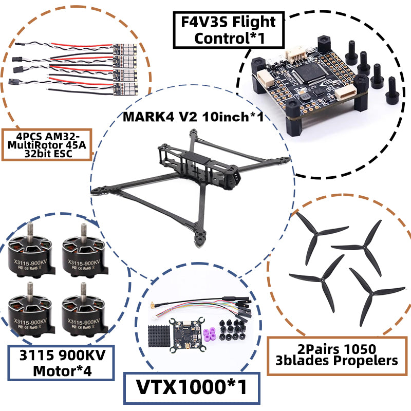 B-CUBE MARK4 V2 10inch F4V3S/F4V3S PLUS Flight Control 45/60A 4INI ESC rack drone FPV carbon fiber PV Racing Drone Quadcopter Freestyle
