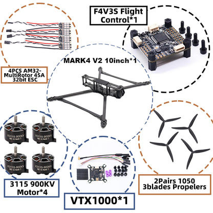 B-CUBE MARK4 V2 10inch F4V3S/F4V3S PLUS Flight Control 45/60A 4INI ESC rack drone FPV carbon fiber PV Racing Drone Quadcopter Freestyle