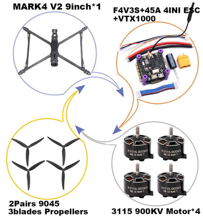 MARK4 V2 9-дюймовый F4V3S/F4V3S PLUS Flight Control 45/60A 4INI ESC rack drone FPV carbon fiber PV Racing Drone Quadcopter Freestyle 
