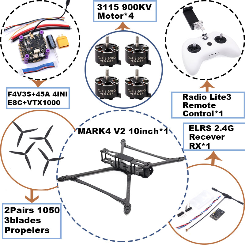 B-CUBE MARK4 V2 10inch F4V3S/F4V3S PLUS Flight Control 45/60A 4INI ESC rack drone FPV carbon fiber PV Racing Drone Quadcopter Freestyle