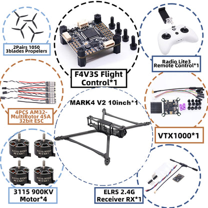 B-CUBE MARK4 V2 10inch F4V3S/F4V3S PLUS Flight Control 45/60A 4INI ESC rack drone FPV carbon fiber PV Racing Drone Quadcopter Freestyle