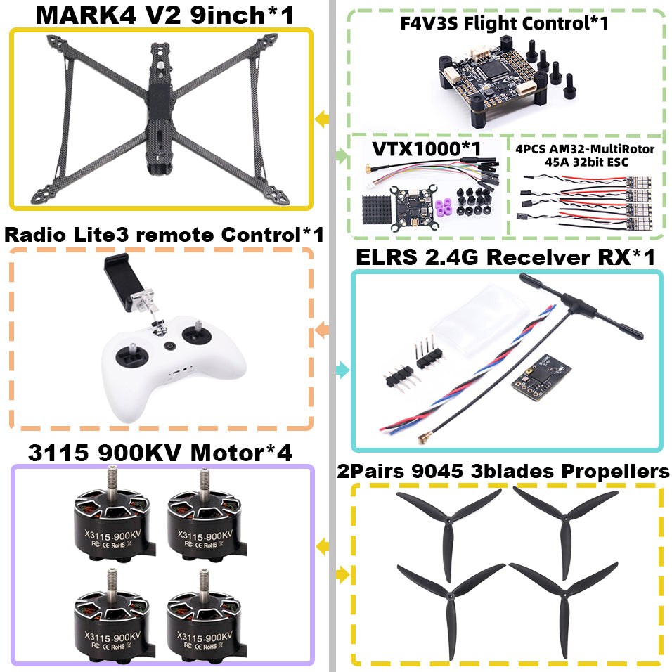 MARK4 V2 9-дюймовый F4V3S/F4V3S PLUS Flight Control 45/60A 4INI ESC rack drone FPV carbon fiber PV Racing Drone Quadcopter Freestyle 