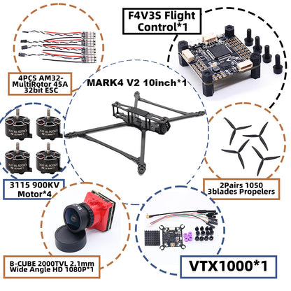 B-CUBE MARK4 V2 10inch F4V3S/F4V3S PLUS Flight Control 45/60A 4INI ESC rack drone FPV carbon fiber PV Racing Drone Quadcopter Freestyle