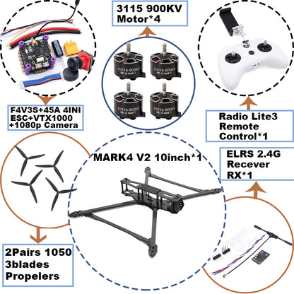 B-CUBE MARK4 V2 10inch F4V3S/F4V3S PLUS Flight Control 45/60A 4INI ESC rack drone FPV carbon fiber PV Racing Drone Quadcopter Freestyle